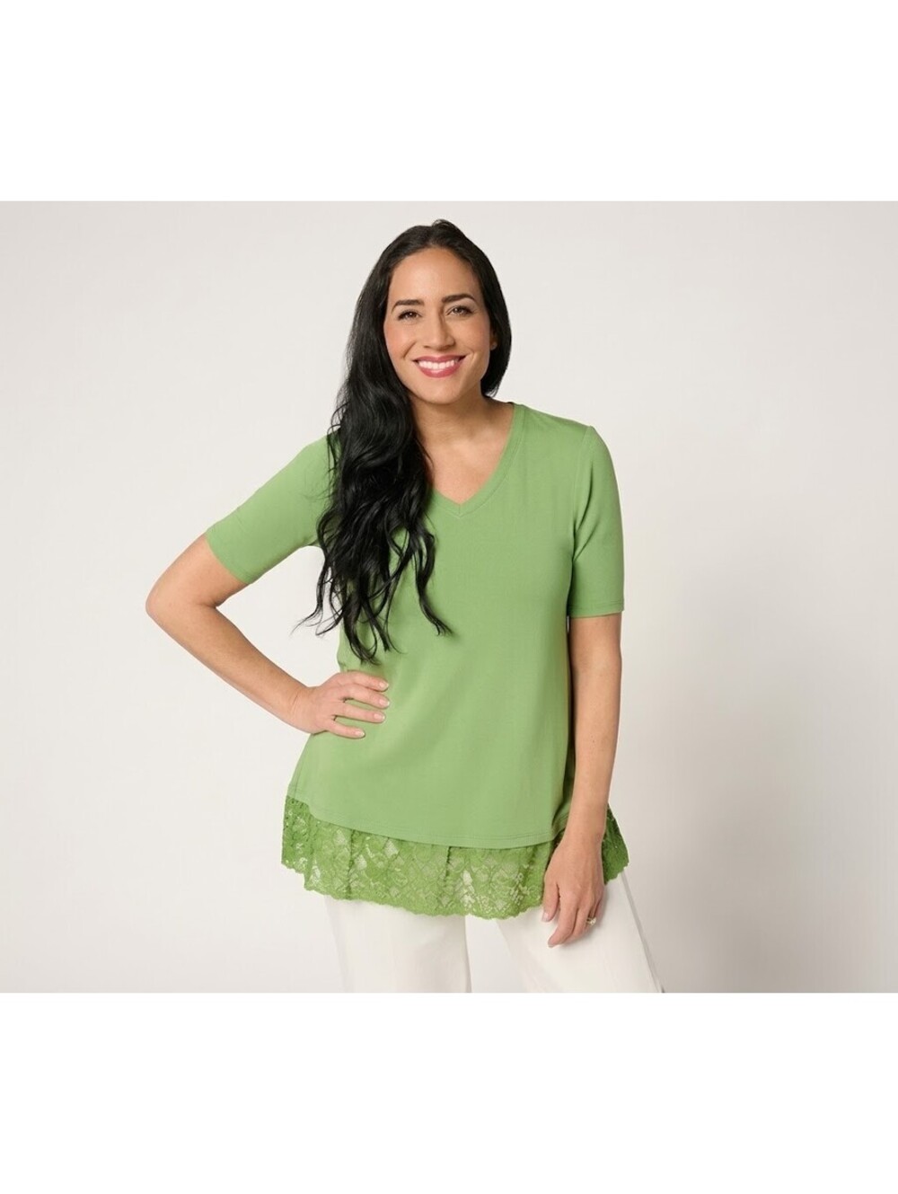 LOGO Layers by Lori Goldstein V-Neck Elbow Sleeve Lace Hem Top Aloe, Size Small